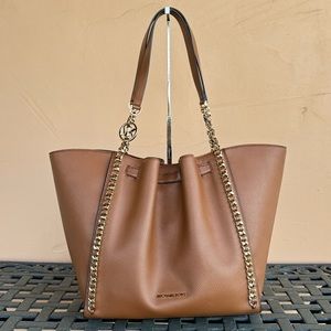 Michael Kors Mina Large Belted Chain Shoulder Tote Bag Brown Luggage